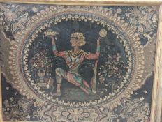 A large paper scrollwork panel depicting and Indian dancer and flowers, 70 x 90cm