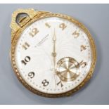A continental engine turned 750 yellow metal open face dress pocket watch, retailed by Eigenmann,