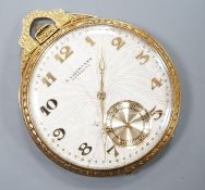 A continental engine turned 750 yellow metal open face dress pocket watch, retailed by Eigenmann,