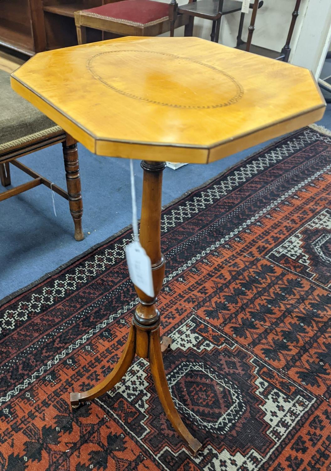 A Sheraton revival satinwood tripod table, with inlaid octagonal top, width 30cm depth 26cm height
