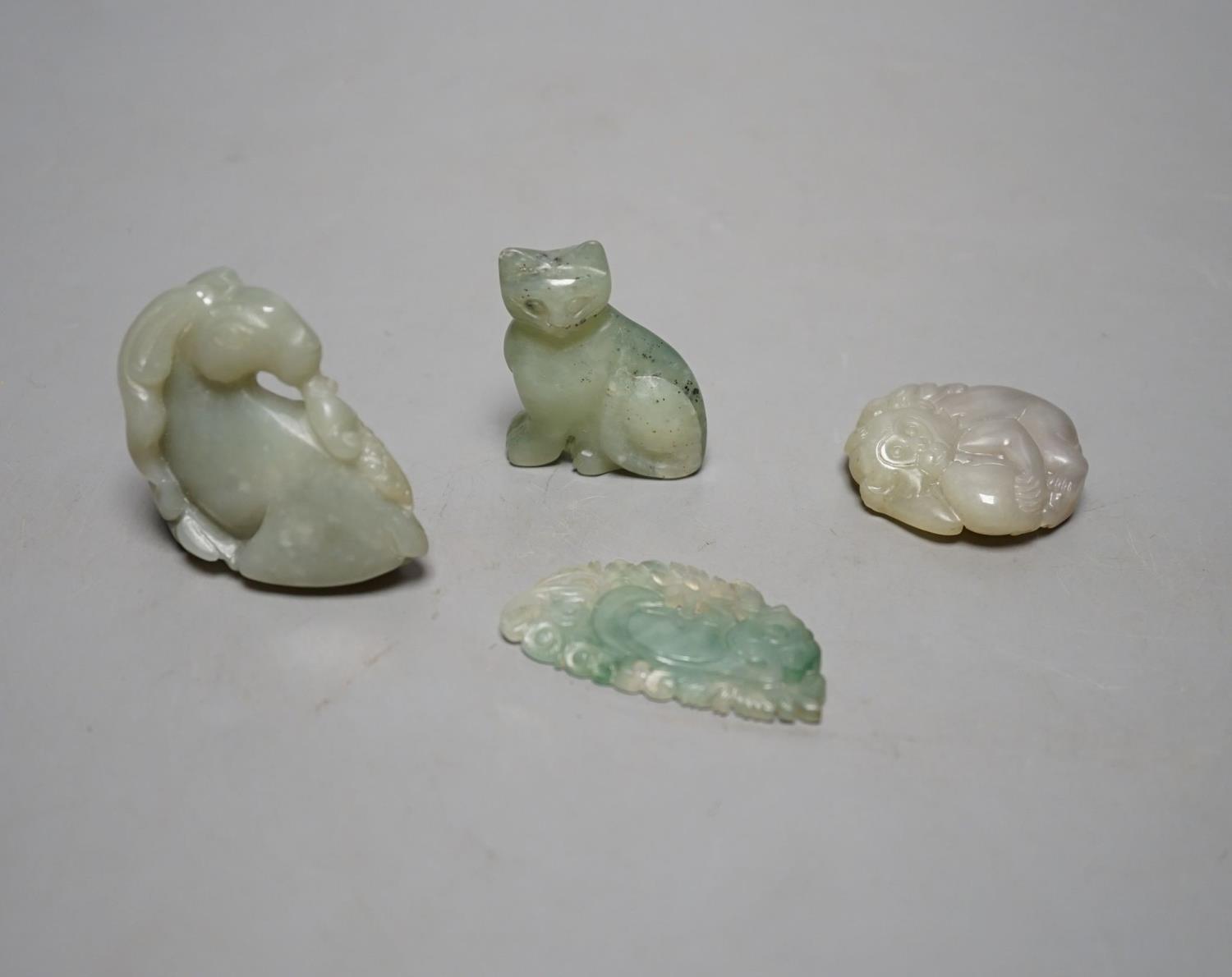 Four Chinese jade carvings of animals and fruit, tallest 4cm