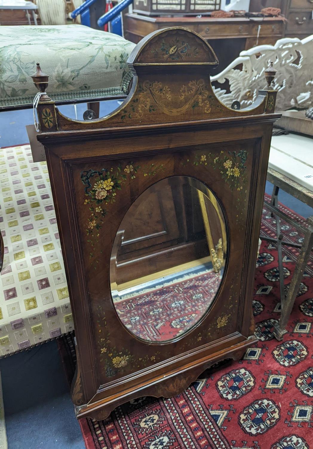 An Edwardian floral painted rectangular inlaid walnut wall mirror, with oval plate, width 50cm,