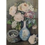 Victorian School, watercolour, Still life, roses in a vase and bird's nest, initialled E.H.T. and