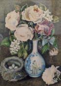 Victorian School, watercolour, Still life, roses in a vase and bird's nest, initialled E.H.T. and