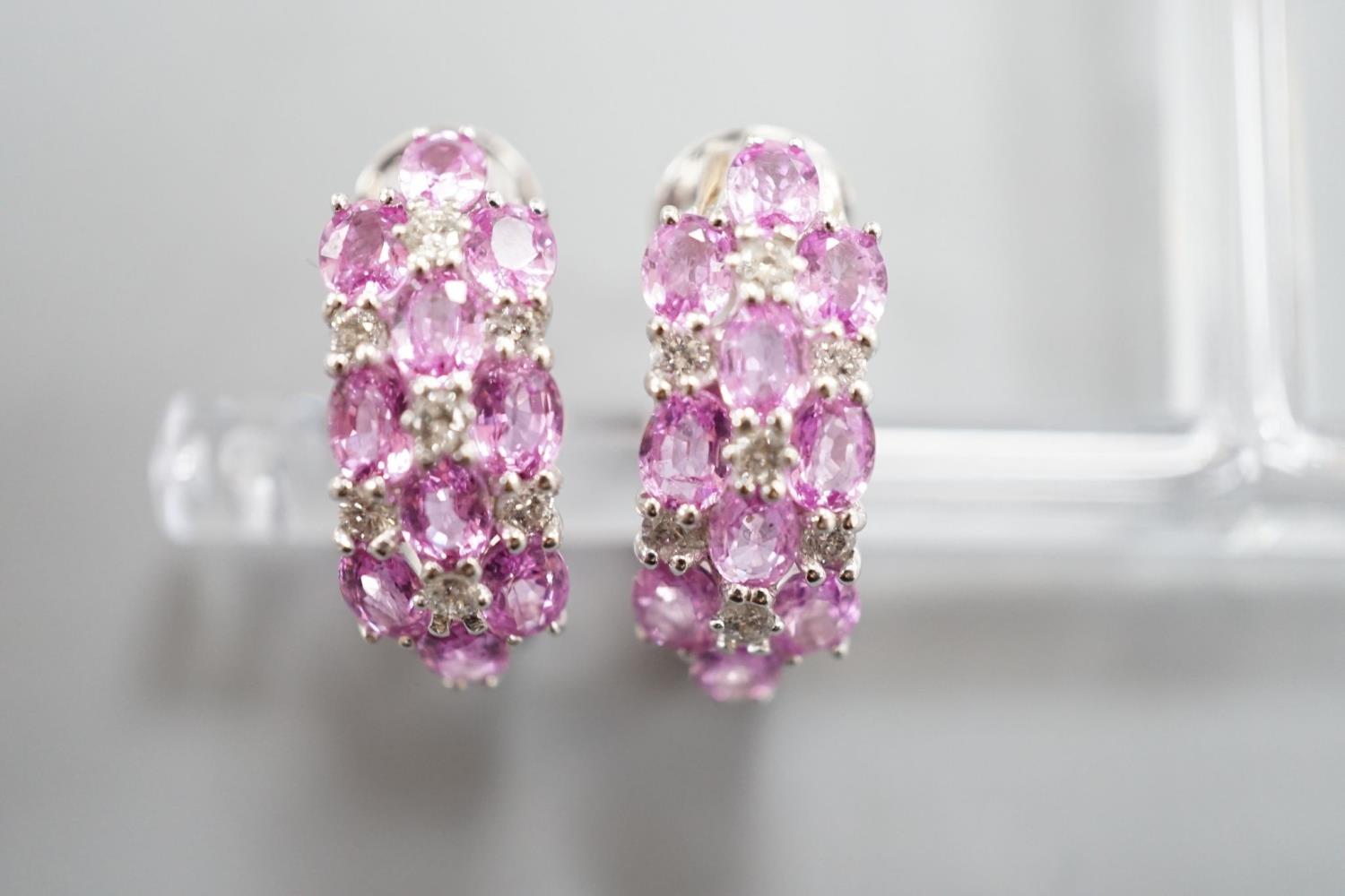 A modern pair of 14k white metal, pink sapphire and diamond cluster set half hoop earrings, 17mm, - Image 2 of 2