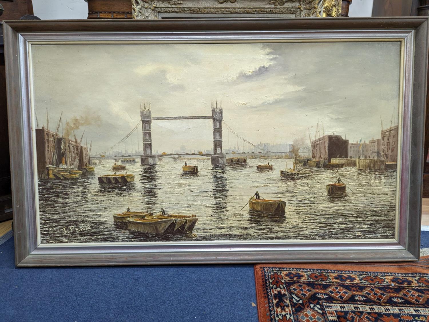 T. Penn, oil on canvas, Tower Bridge, signed, 50 x 90cm - Image 2 of 2