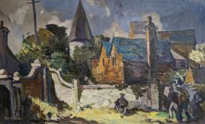 Lesley Arthur Wilcox (1904-1982), oil on canvas, Village scene with figures beside a wall, signed,