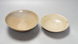 Two Korean celadon bowls or dishes, Goreyo dynasty.largest 17 cms diameter.