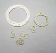 Two Chinese jade corded bangles, and four similar chain sections