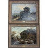George William Mote (1832-1909), pair of oils on board, Anglers and sheep in landscapes, signed,