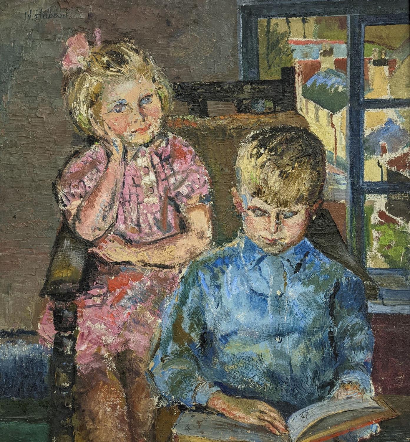 N. Hudson, oil on canvas, Portrait of two children, signed, 75 x 70cm