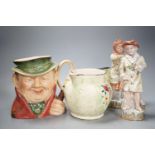 A Royal Doulton character jug and 6 other pieces including a Staffordshire figure group, tallest