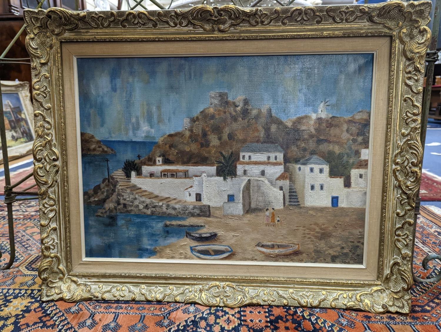 Caroline Luttrell, oil on canvas, Mediterrenean coastal village, signed, 40 x 55cm - Image 2 of 2