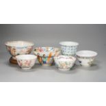Six Chinese bowls or cups, 18th century or later, largest 11cm diam.