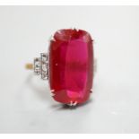 A yellow metal and large synthetic ruby set dress ring, with rose cut diamond set stepped shoulders,