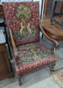 A 19th century walnut tapestry armchair, width 65cm, depth 53cm, height 110cm