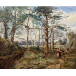 19th century English School, oil on canvas, Woodland scene with faggot gatherer, 25 x 30cm