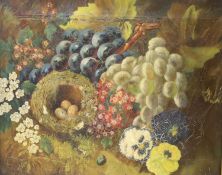 Circle of Oliver Clare (1853-1927), oil on canvas, Still life of flowers, fruit and a birds nest, 25