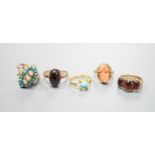 Three assorted modern 9ct gold and gem set ring including turquoise and seed pearl, gross 11.2