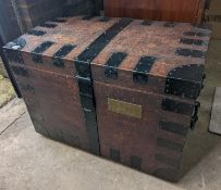 A Victorian iron bound oak silver chest, bears engraved brass plaque Major S. P. Strong, Scottish