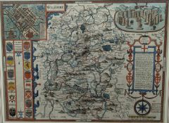 JJohn Speed, coloured engraving, Map of Wilshire 1676, in English verso, 38 x 51cm