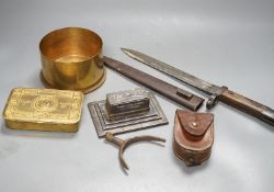 A British WWI Short & Mason compass, two bayonets, cartridge case, Lucas morse code, etc.