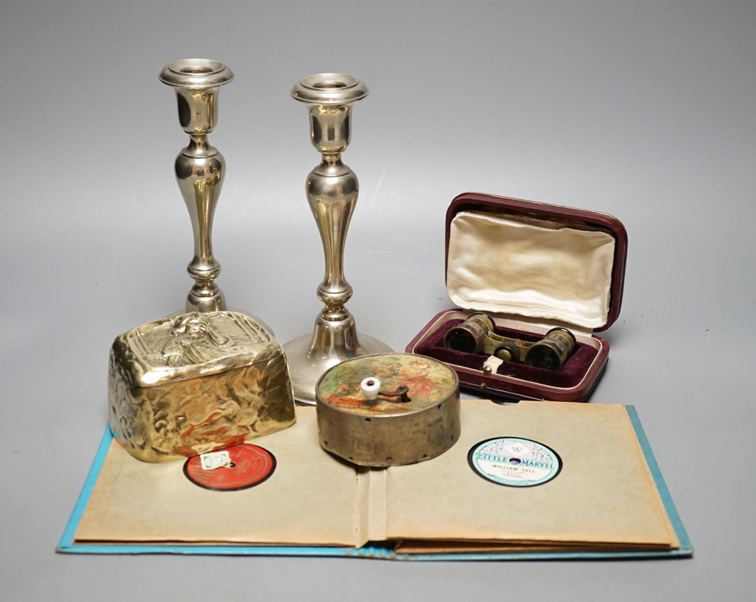 An Austrian Jugendstil bronze box, 11.5cm., music box, childrens records etc.