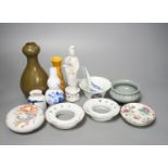 A group of Chinese ceramics including a tea dust vase, blanc de chine figure, famille rose box and