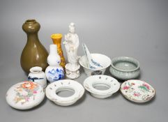 A group of Chinese ceramics including a tea dust vase, blanc de chine figure, famille rose box and