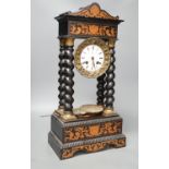 An ebonised and marquetry portico clock, dial signed Valogne, Paris, 56cm high
