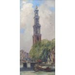 Corbet, oil on canvas, View of a Dutch church spire, signed, 59 x 29cm