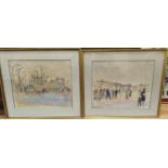 Margaret Milnes (b.1908), pair of ink and watercolour studies, Figures before Brighton Pavilion and