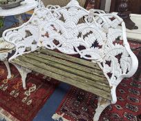 A Victorian Coalbrookdale design painted cast iron fern pattern garden bench, length 114cm, depth