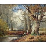 John Bates Noel (1870-1927), oil on canvas, Figures beside a woodland stream, signed, 24 x 30cm