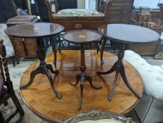 Two Edwardian inlaid mahogany tripod wine tables, larger height 50cm, together with a later