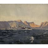 Modern British, oil on canvas, Warship at sea, 63 x 76cm, unframed