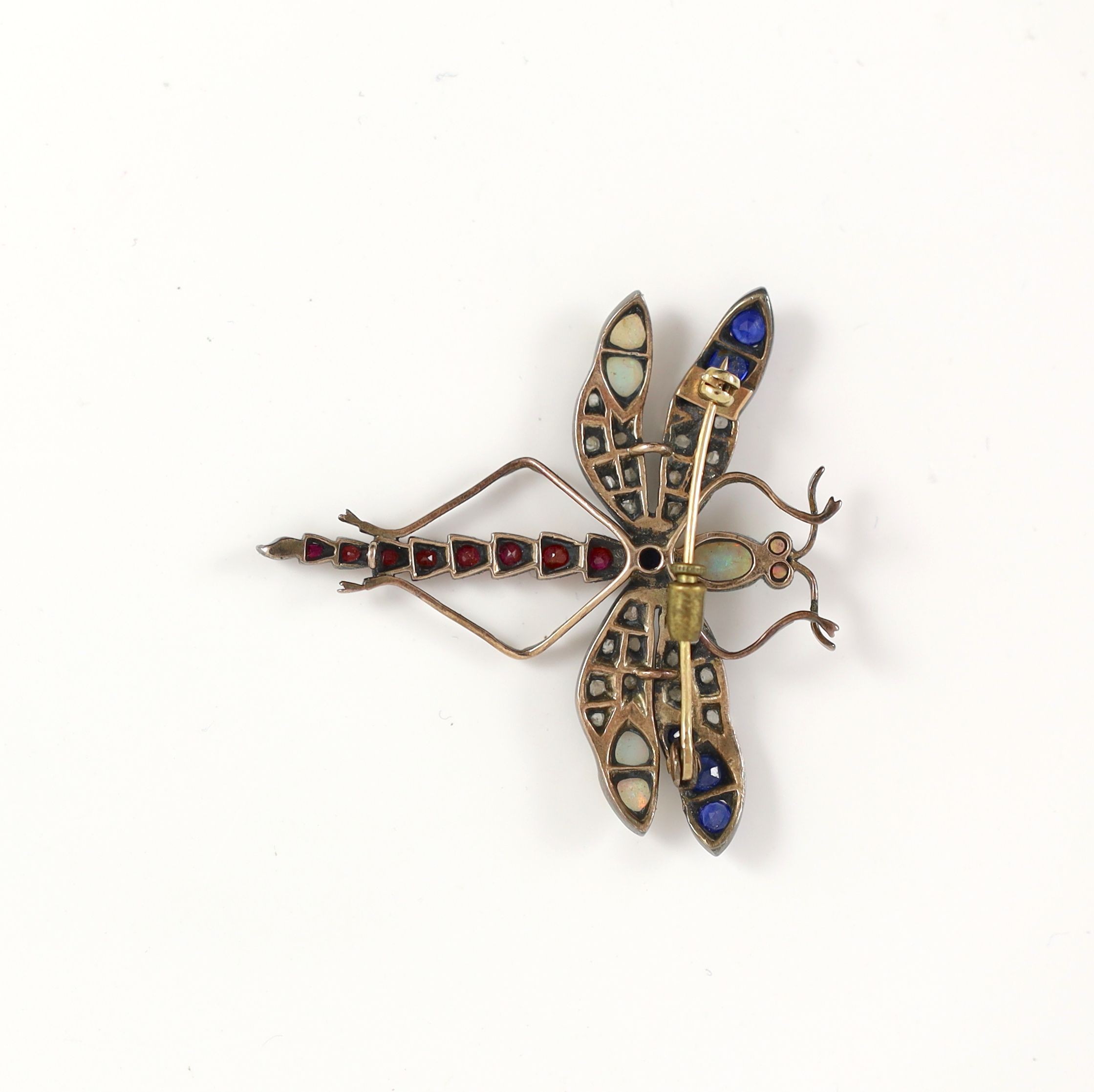 A Victorian gold and silver, opal, sapphire, ruby and diamond set dragonfly brooch,49mm, gross - Image 2 of 2