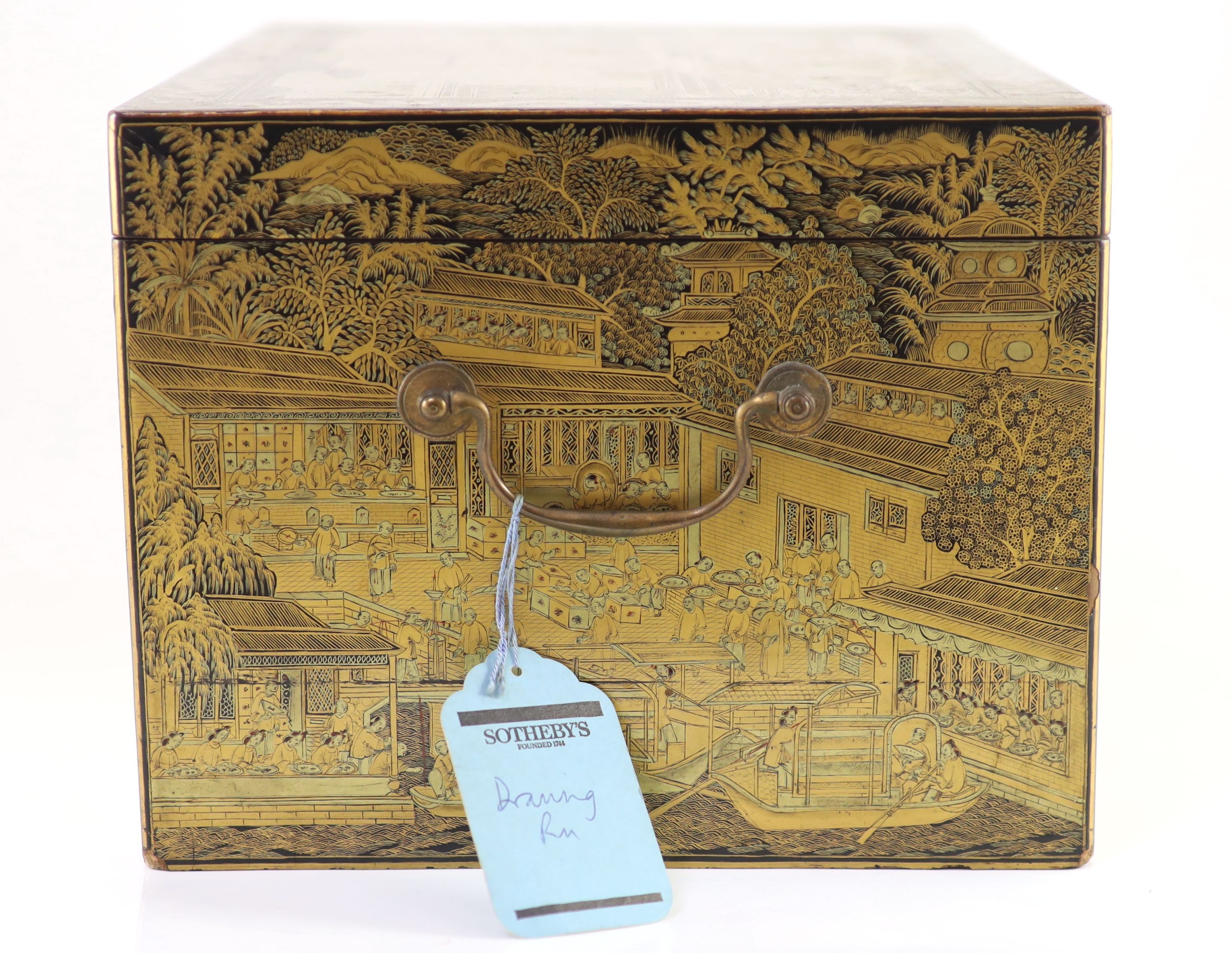 A Chinese export gilt decorated black lacquer tea chest, early 19th century,typically decorated with - Image 5 of 10