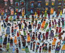 § § Fred Yates (1922-2008) Crowded street sceneoil on boardStudio sale stamps verso49 x 59cmGood