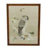 An unusual Chinese embroidered silk panel of an owl, late 19th century,66cm x 49cmSome light