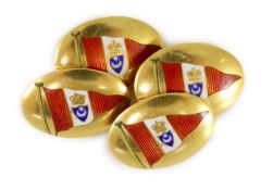 A pair of late Victorian 18ct gold and polychrome enamel oval cufflinks, decorated with the Royal