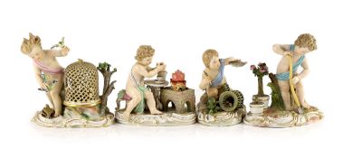 A set of four Meissen figures emblematic of the Elements, late 19th century,on scrollwork bases,