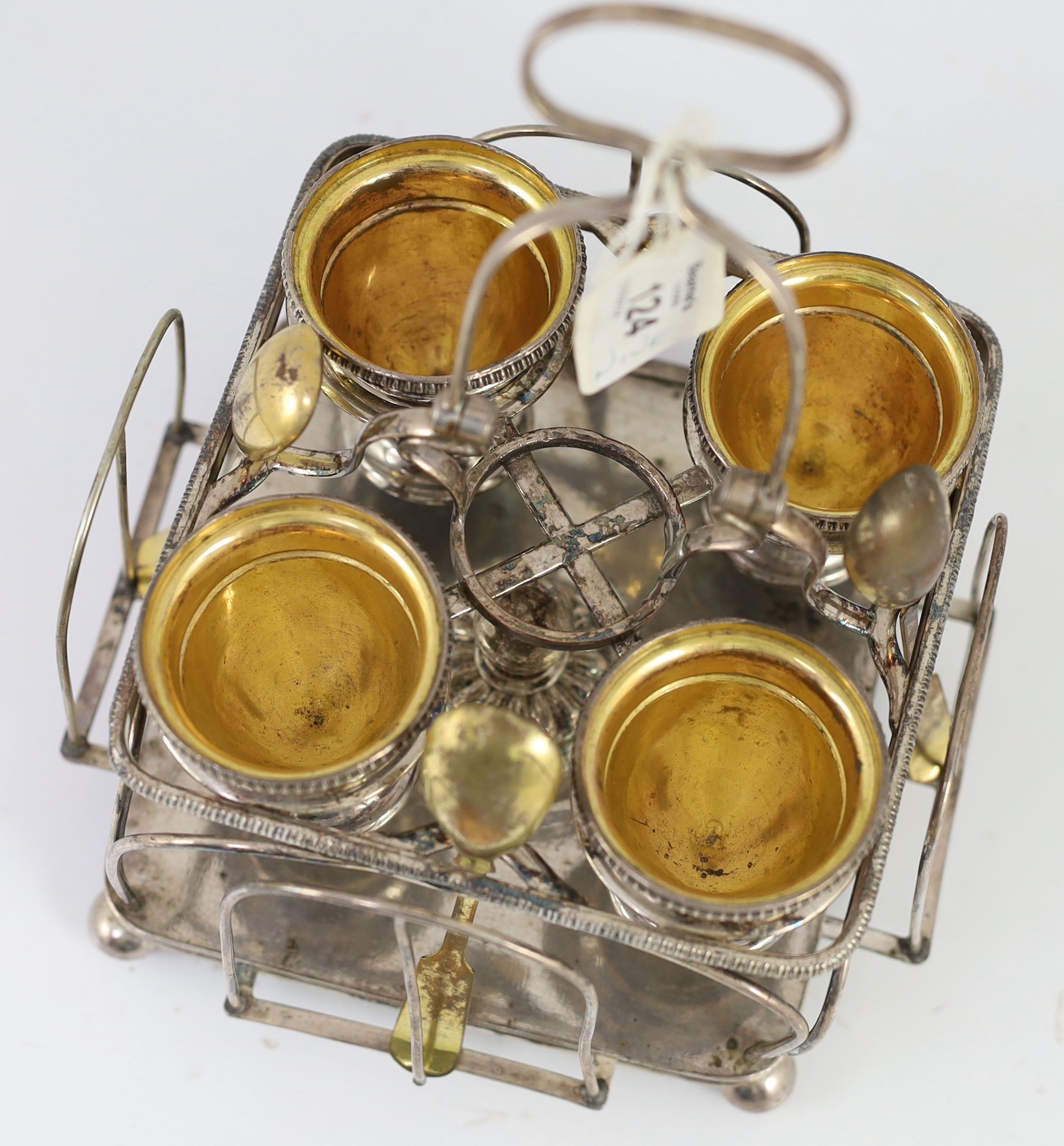A Sheffield plate egg cruet with four egg cups and spoons,the square frame with gadroon borders - Image 3 of 3
