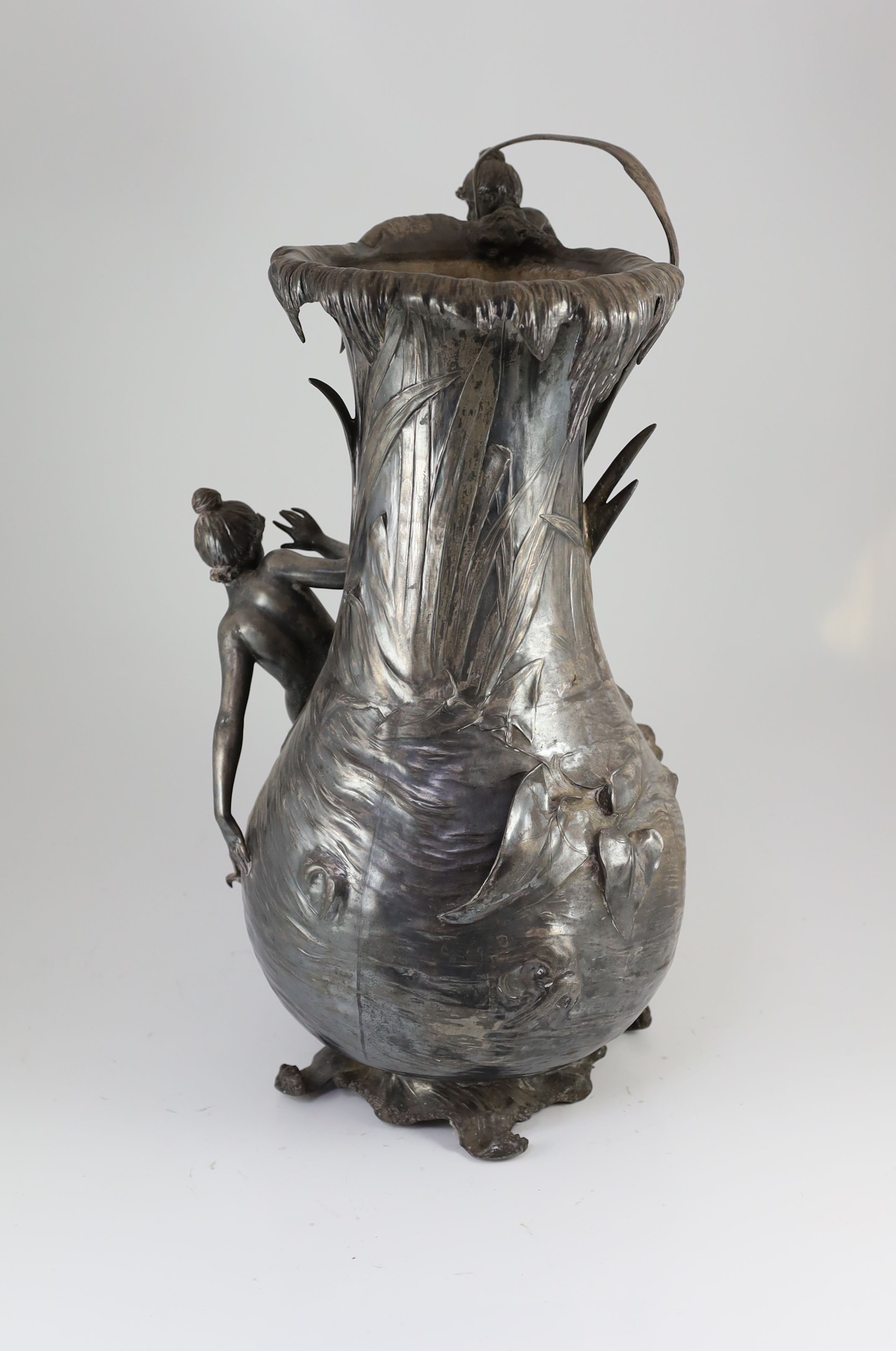 An unusually large WMF Art Nouveau silvered pewter vase,modelled as a water nymph and child - Image 4 of 4