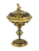 A Victorian enamel and gilt metal pedestal cup and cover in the Renaissance style, Elkington & Co,