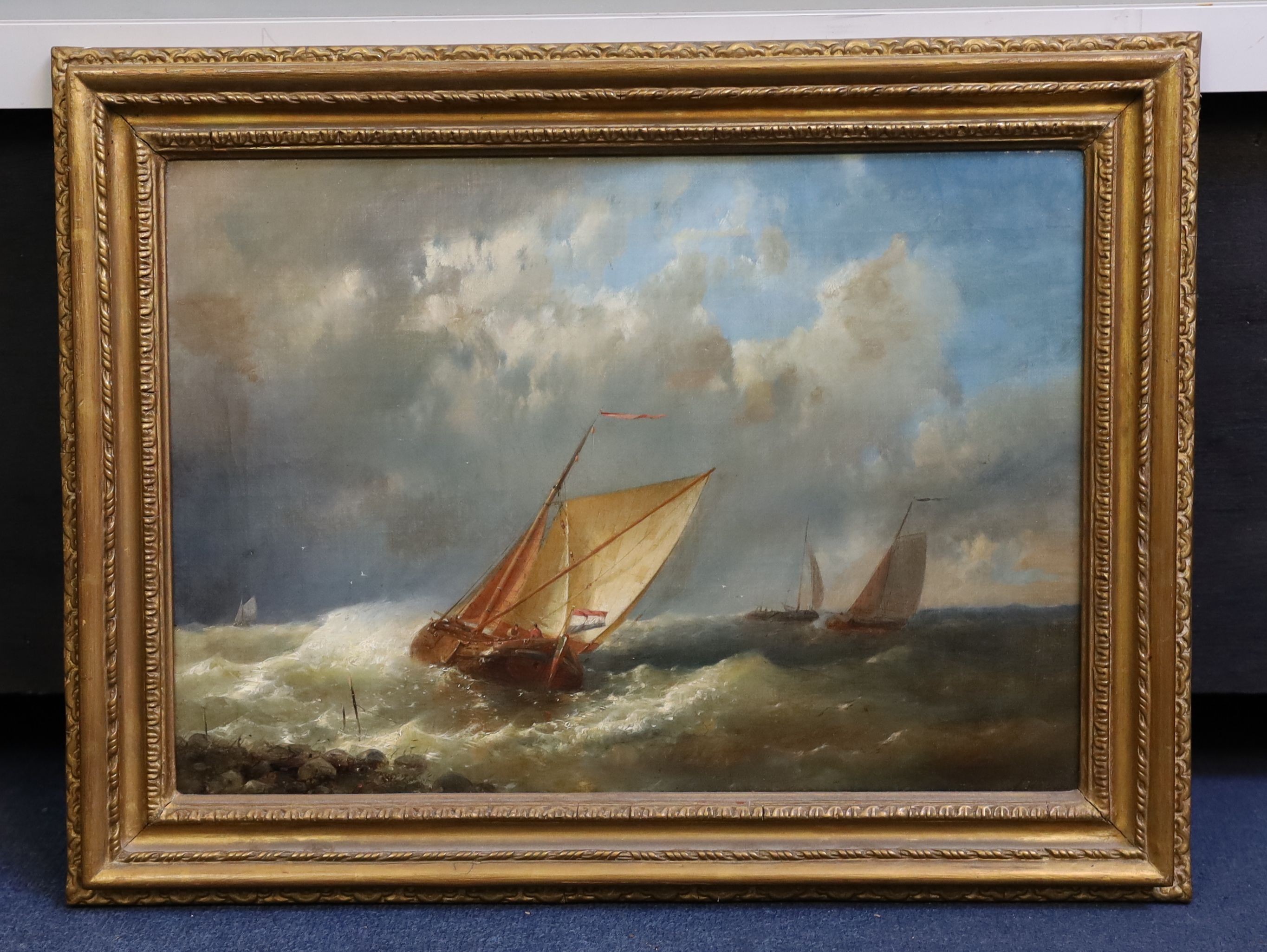 Abraham Hulk (Dutch, 1813-1897) Dutch vessels off the coastoil on canvassigned30 x 43cmOil on canvas - Image 2 of 3