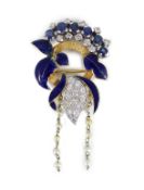 A 20th century textured gold, blue enamel, sapphire, diamond and twin seed pearl tassel set drop