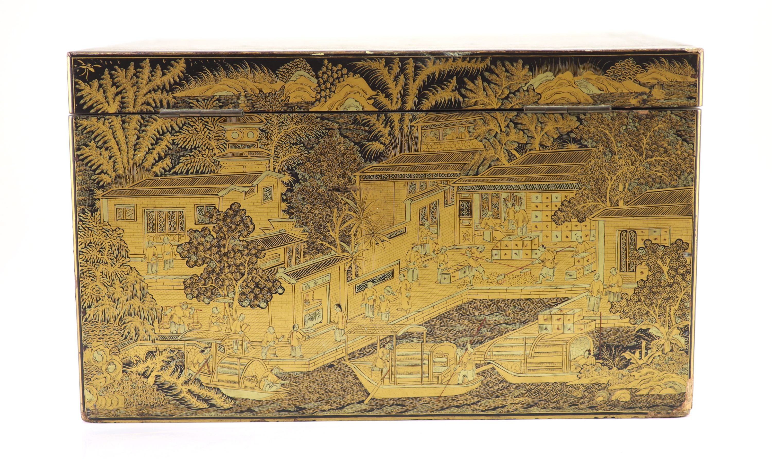 A Chinese export gilt decorated black lacquer tea chest, early 19th century,typically decorated with - Image 6 of 10