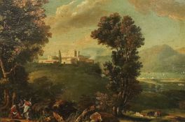 Early 19th century Italian School Figures in a landscape with castle beyondoil on canvas24 x 34.