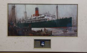 Ellis Silas (1885-1972) Liner entering harbour with remarque sketch of a coat of arms initialled